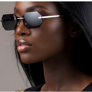 Rimless Sunglasses Dark Black Lens Gold UV400 Protect Women Fashion Trendy Shape